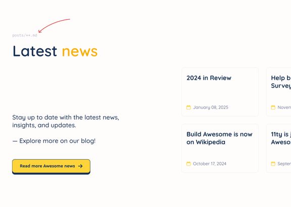 Interface de site web affichant une section "Latest news", précédée d’un pré-titre mentionnant le fichier de données utilisé (posts/.md), avec plusieurs cartes d’articles et un bouton "Read more".