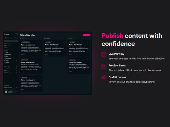 Exemple d'une section de la page d'accueil de Decap CMS en mode sombre